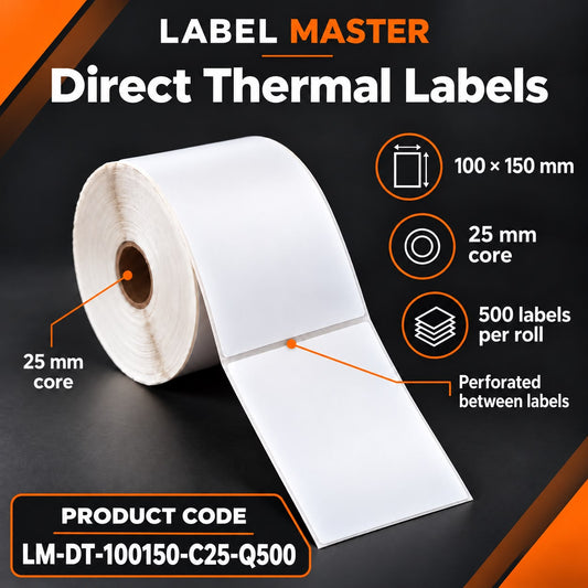 Direct Thermal Freight Labels 100 × 150 mm - 500 Labels per Roll, 25 mm Core, 4 Rolls per Carton